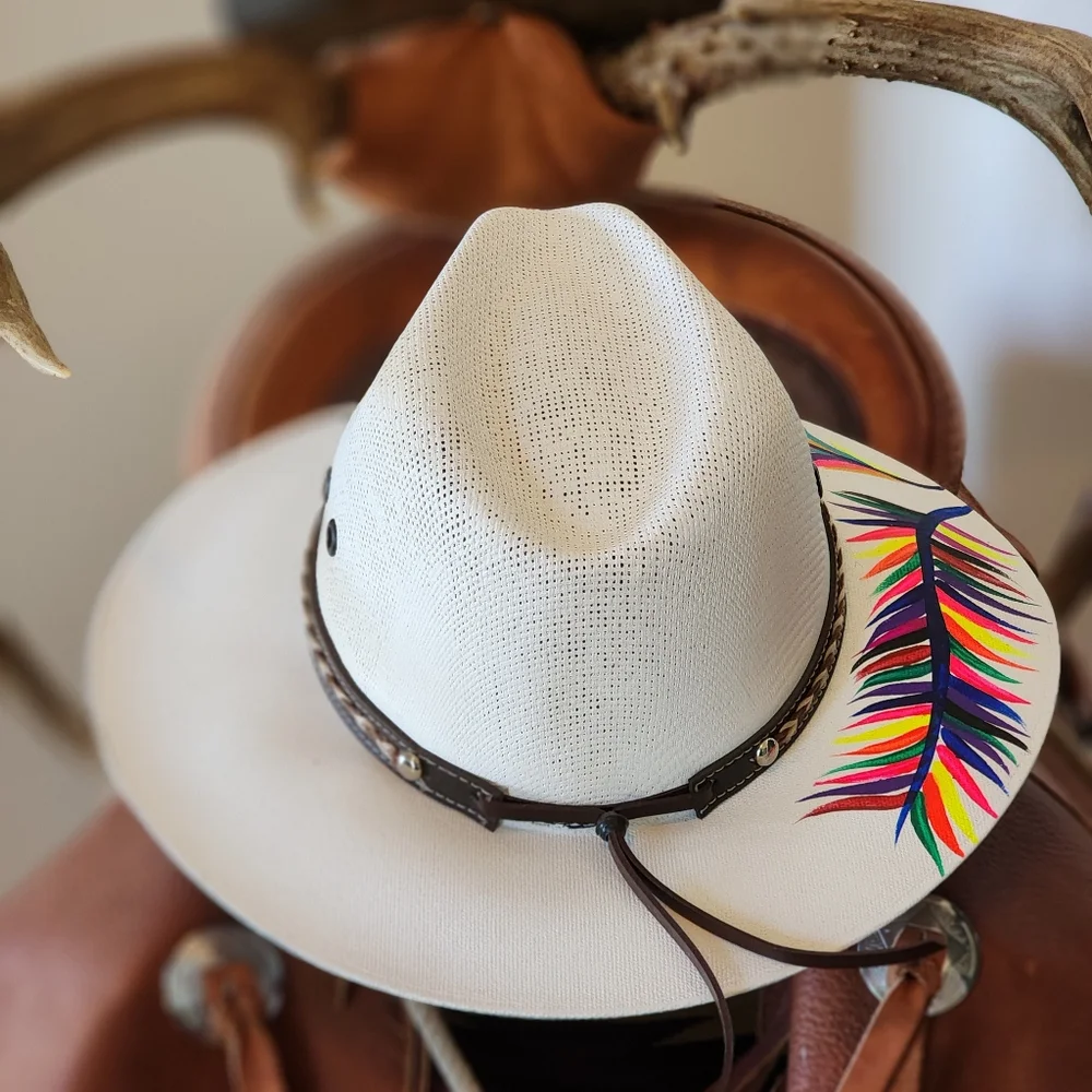 Straw Cowboy Hat with Handpainted Multicolor Feather Design Surefit Hatband Sz L - Picture 3 of 7